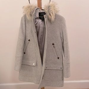 J.Crew Stadium cloth hooded coat. Gray. Detachable faux fur. Excellent cond 00.